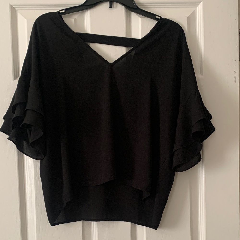 Forever 21 Black V-Neck Layered Ruffle Sleeve Top